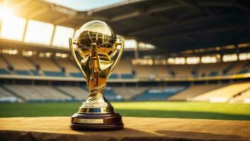 AI generated football championship gold cup at the stadium photo