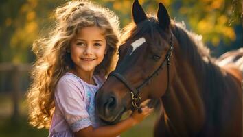 ai generado retrato de un pequeño niña con un caballo en naturaleza foto