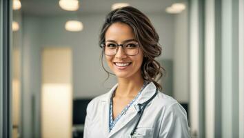 AI generated Beautiful smiling woman doctor in clinic photo