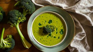 AI generated Appetizing cream of broccoli soup on the table photo