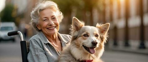 ai generado mayor mujer en un silla de ruedas con un perro fuera de en el parque foto