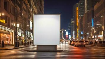 ai generado blanco publicidad bandera en el calle a noche foto