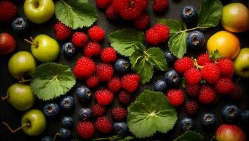 ai generado varios frutas y bayas en un oscuro antecedentes foto