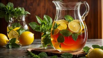 ai generado frío té con limón y menta en el mesa en vaso foto