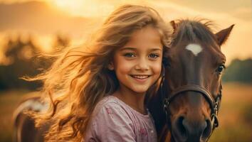 ai generado retrato de un pequeño niña con un caballo en naturaleza foto