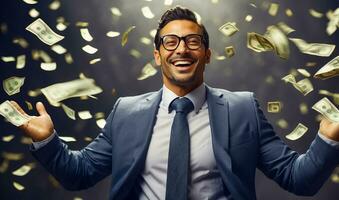 AI generated Happy man in a business suit falling dollars photo