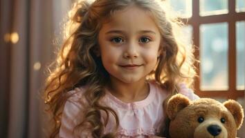 AI generated portrait of a little girl with a teddy bear in the room photo