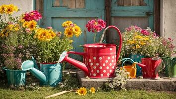 AI generated Colored watering can with flowers in the summer garden photo