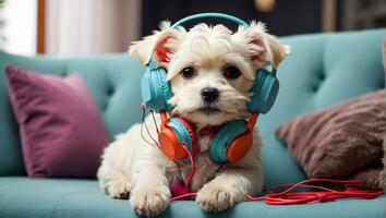 ai generado linda maltés perro vistiendo auriculares en el habitación foto