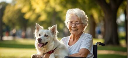 ai generado mayor mujer en un silla de ruedas con un perro fuera de en el parque foto