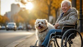 AI generated Elderly man in a wheelchair with a dog on the street photo