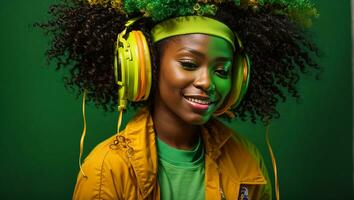 ai generado hermosa contento africano americano niña escuchando a música en auriculares en color antecedentes foto
