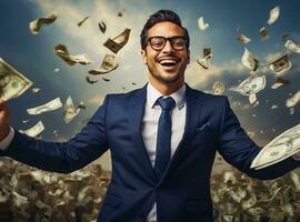 AI generated Happy man in a business suit falling dollars photo