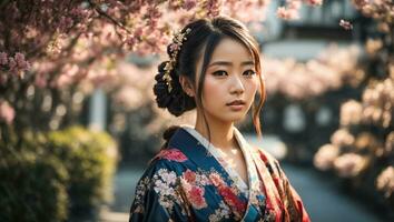ai generado retrato de un hermosa japonés chica, flor foto
