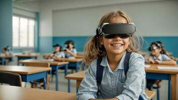 AI generated schoolgirl wearing virtual reality glasses in class photo