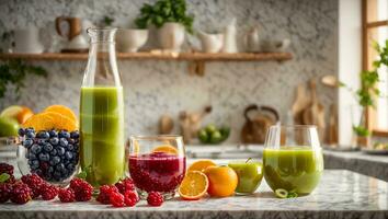 AI generated Fresh juice from various fruits and berries photo