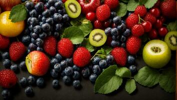 AI generated various fruits and berries on a dark background photo