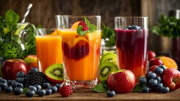 AI generated Fresh juice from various fruits and berries photo