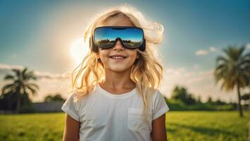 ai generado niña en virtual realidad lentes en el calles en verano foto