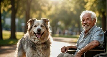 ai generado mayor hombre en un silla de ruedas con un perro en el calle foto