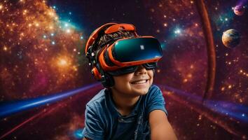 AI generated Little boy in virtual reality glasses photo