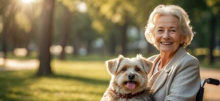 AI generated Elderly woman in a wheelchair with a dog outside in the park photo