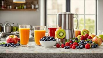 AI generated Fresh juice from various fruits and berries photo