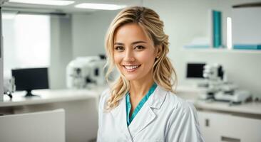 ai generado hermosa sonriente mujer médico en clínica foto