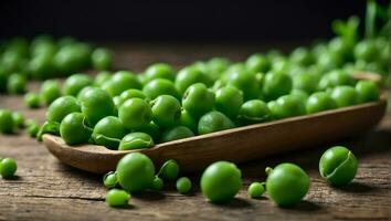 ai generado Fresco verde chícharos en el mesa foto