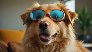 AI generated Cute dog with glasses at home photo