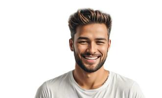 ai generado contento joven chico en un blanco camiseta aislado foto