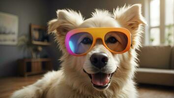 AI generated Cute dog with glasses at home photo