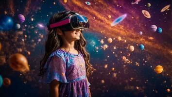 AI generated Little girl wearing virtual reality glasses photo
