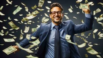 AI generated Happy man in a business suit falling dollars photo