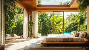 AI generated Bedroom with pool, tropical plants photo