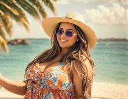 AI generated Beautiful fat girl in sunglasses against the background of the sea photo