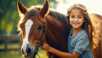 AI generated Portrait of a little girl with a horse in nature photo