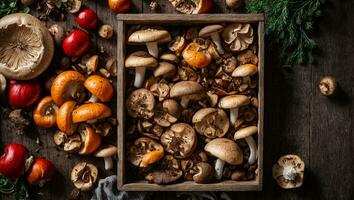 AI generated Fresh mushrooms in a wooden box on an old background photo