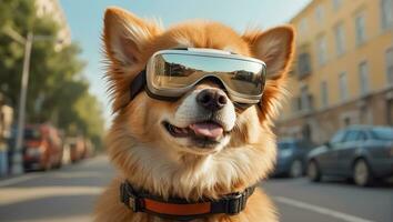 AI generated Cute dog wearing virtual reality glasses on the street photo