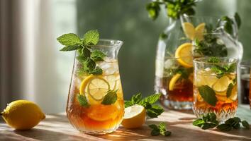 ai generado frío té con limón y menta en el mesa en vaso foto