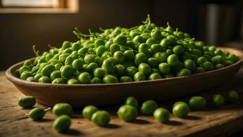 ai generado Fresco apetitoso verde chícharos en el cocina mesa foto