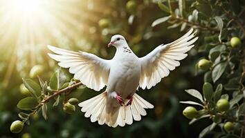 AI generated White dove on a background of a tree branch photo