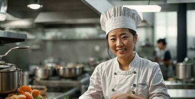 AI generated Happy asian woman cook in restaurant kitchen photo