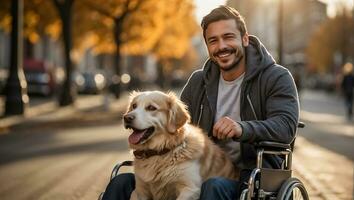 AI generated Man in a wheelchair with a dog on the street photo