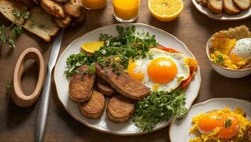 AI generated Delicious fried eggs with sausages on the kitchen table photo