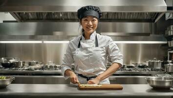 AI generated Happy asian woman cook in restaurant kitchen photo