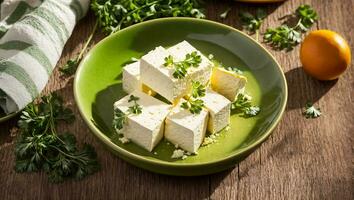 AI generated Fresh tofu cheese with parsley in the kitchen photo