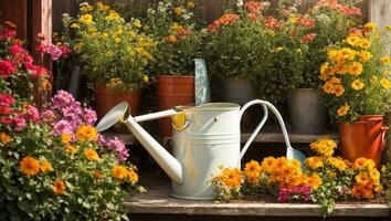 AI generated Colored watering can with flowers in the summer garden photo