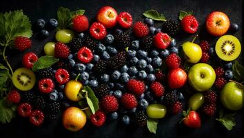 AI generated various fruits and berries on a dark background photo