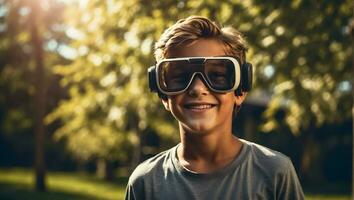 AI generated Boy in virtual reality glasses on the streets in summer photo